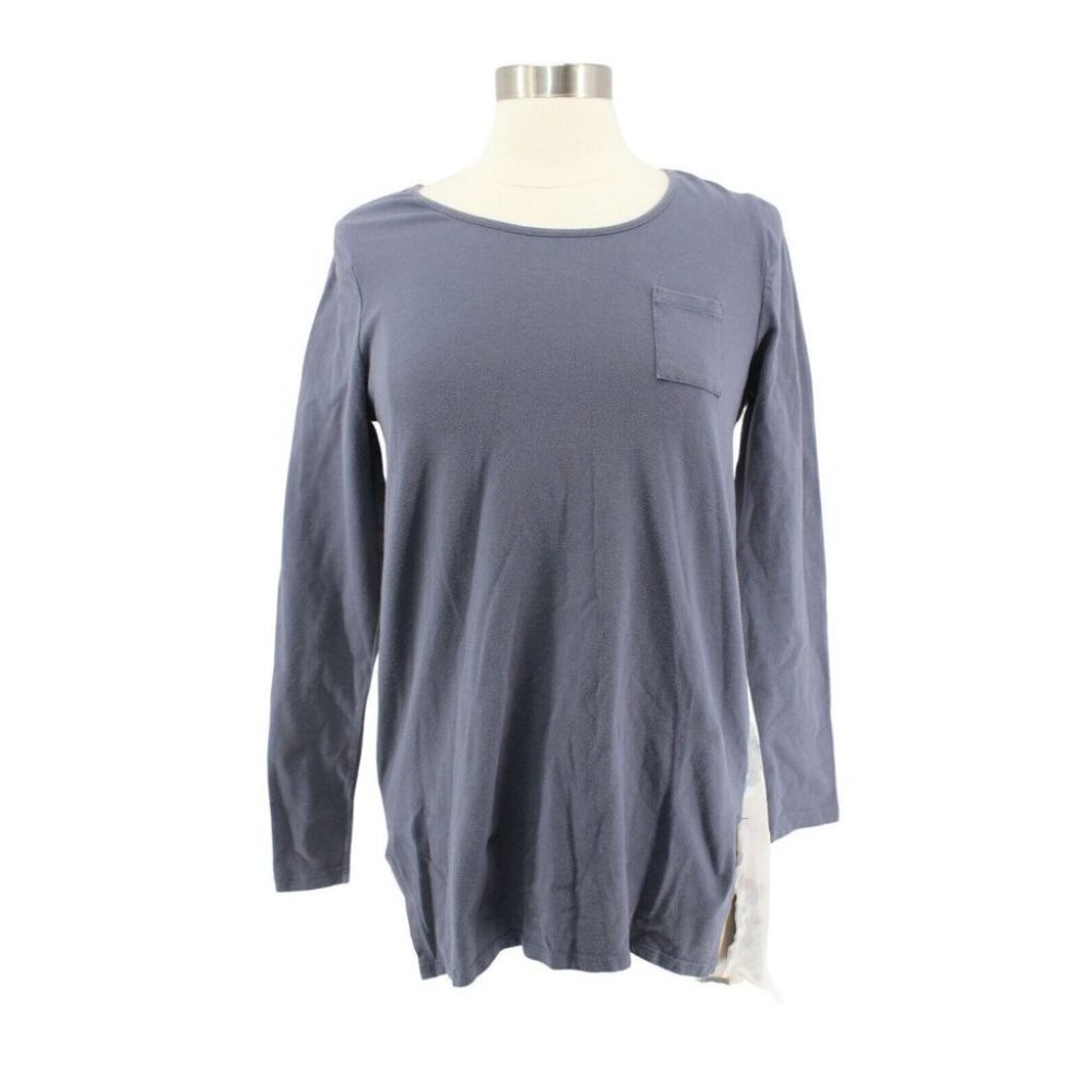 Soft Surroundings Blue Gray Mesh Floral Back Overlay Long Sleeve Knit Top Size S